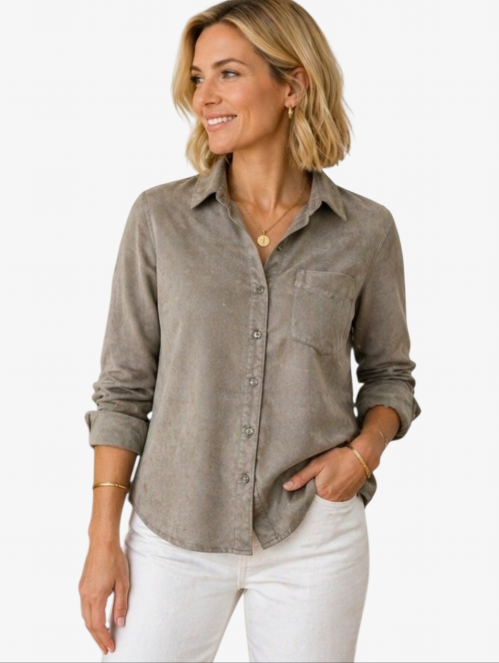 Claridge + King Faux Suede Shirt Womens M Taupe Button Up Soft Minimalist Blouse